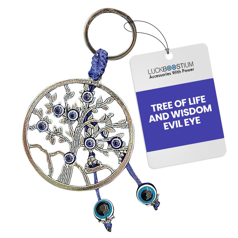 LUCKBOOSTIUM Silver Tree of Life & Evil Eye Good Luck Keychain - Protection Charm, Tree of Life Keychain, Evil Eye Hanging Accessory, Rear View Mirror Ornament, Gift for Men & Women, Good Luck Charm - Image 1